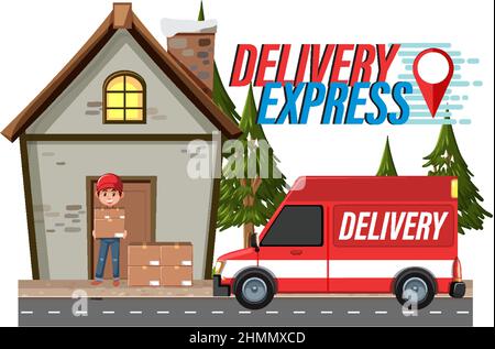 Delivery Express wordmark with courier delivering packages illustration Stock Vector