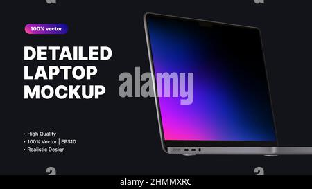 Detailed Laptop Mockup. Editable Design, Realistic Screen Side View on Dark background. Vector illustration Stock Vector