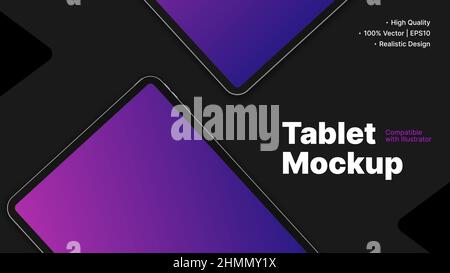 Isometric Tablet Mockup with Gradient Screen on Dark Background. Vector illustration Stock Vector