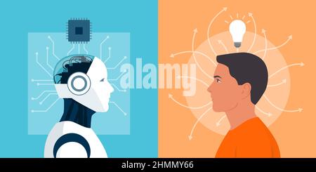 Machine vs human: difference between a robot and a man Stock Vector