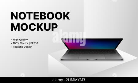 Half closed Realistic Laptop with blank Screen. Digital Product Mockup on White Background. Vector illustration Stock Vector