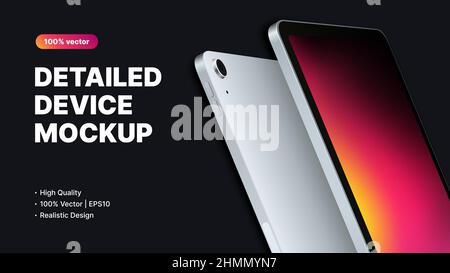 Detailed Tablet Mockup. White Device with Gradient Screen on Dark Background. Vector illustration Stock Vector