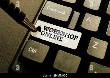 Inspiration showing sign Workshop Online. Internet Concept Workshop Online Publishing Typewritten Documents Online, Typing Long Term Contract Stock Photo