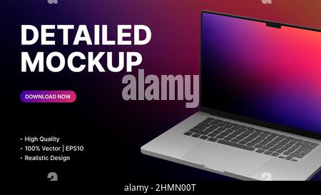Detailed Laptop in Rotated Position Mockup. Gradient Banner Template. Vector illustration Stock Vector