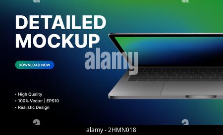 Half closed Realistic Laptop with blank Screen Mockup. Promo Presentation for Advertising your Product. Vector illustration Stock Vector