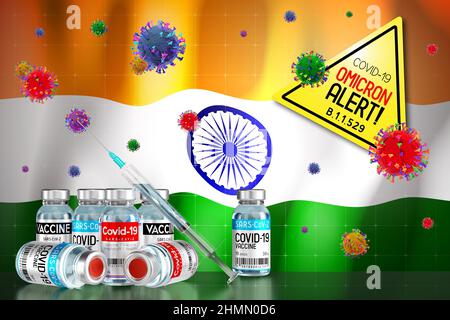 Covid-19 Omicron B.1.1.529 variant alert, vaccination programme in India - 3D illustration Stock Photo