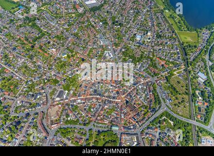Aerial view, old town with catholic St.- Sixtus-Kirche, Altstadring, Rathaus Haltern am See, Haltern city, vertical view of Haltern am See, Ruhr area, Stock Photo
