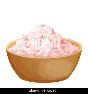 Himalayan pink salt pile, grain mineral spice in wooden bowl in cartoon style isolated on white background. Organic, natural ingredient. Vector illustration Stock Vector