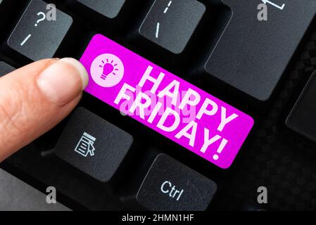 Inspiration showing sign Happy Friday. Business idea celebration of a nice weekend and after work party or dining Writing Comments On A Social Media Stock Photo