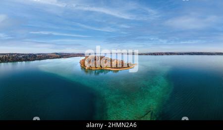 Woerth island, called Mausinsel in the Woerthsee lake near Bachern, drone image, Germany, Bavaria, Oberbayern, Upper Bavaria, Inning am Ammersee Stock Photo