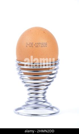 brown chicken egg with imprinted producer code in a silver egg cup, Germany Stock Photo