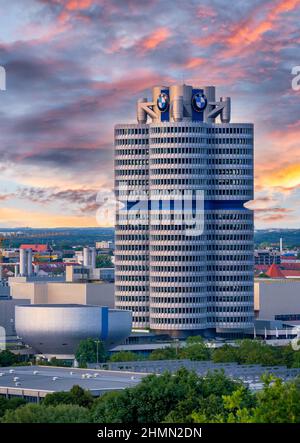BMW-Building in evening light, Germany, Bavaria, Muenchen Stock Photo