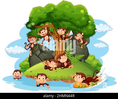 Isolated island with many monkeys cartoon illustration Stock Vector ...