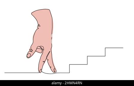 Fingers walking on stairs hand gesture. Consept of success, ambition, effort. One continuous line art drawing vector illustration of walking fingers Stock Vector