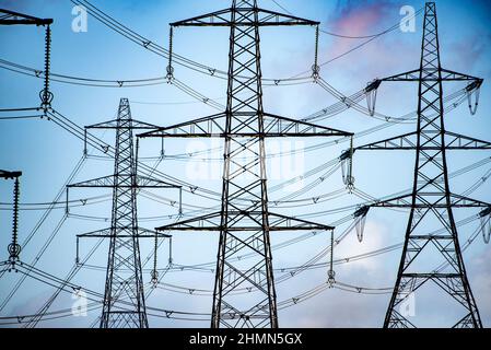 Electricity pylons and power lines near Ripponden, West Yorkshire, UK. Stock Photo