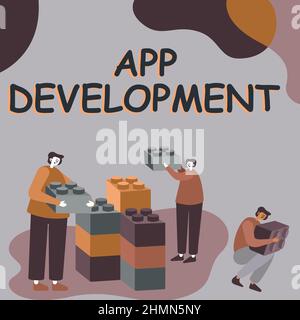 Writing displaying text App Development. Business overview Development services for awesome mobile and web experiences Colleagues Displaying Cube Stock Photo