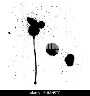 Ink spots made by falling ink from a height.  Black spots on a white background. Three big spots and a lot of small ones. Stock Vector