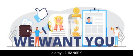 We want you, recruitment concept, great gob vector illustration. Startup, gob interview online concept with tiny people, big letters. Coins, money, re Stock Vector