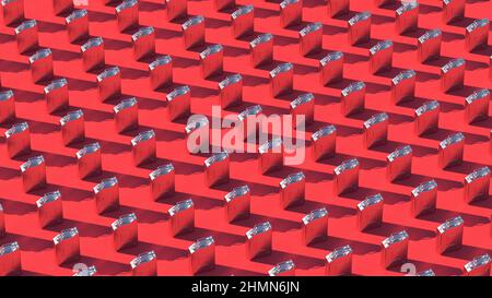 fashion colorful pink pattern with silver metal jerry cans on red clean and simple background. fashion trends concept 3d render illustration. Stock Photo