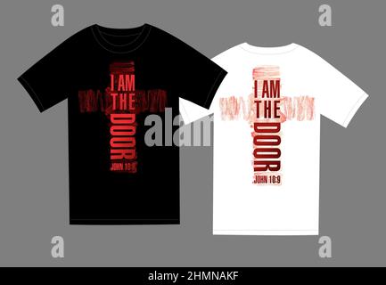 I am the Door, Bible scripture, John 10:9. Jesus Christ our Passover. Vector illustration with text and cross for t-shirt or clothes Stock Vector