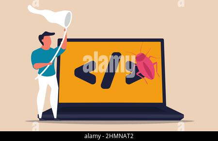 Debugging code software and search bug error from screen laptop. Source datum testing and fixing vector illustration concept. Website security online Stock Vector