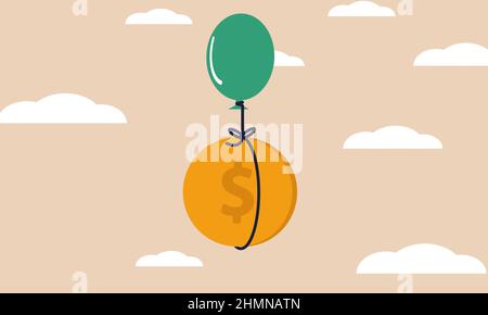 Financial freedom coin with balloon on cloud. Succeed finance and money future growth goal solution vector illustration concept. Profit earning with e Stock Vector