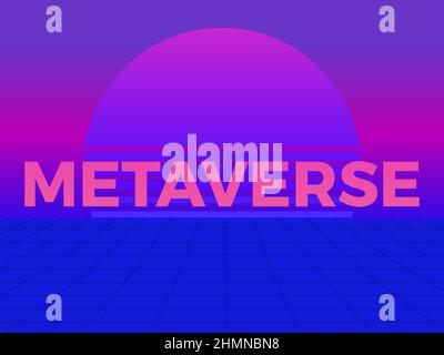 Metaverse. Virtual reality grid, retro sci-fi sunset 80s. Neon virtual reality simulation. Synthwave and retro futuristic style. Design for banners an Stock Vector