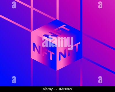 NFT token cube with blue and purple color gradient. Non-fungible NFT token. isometric cube. Digital art in blockchain technology. Vector illustration Stock Vector
