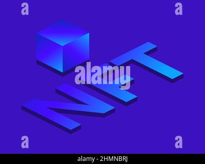 NFT text with cube gradient blue color. NFT non-fungible token. Digital art in blockchain technology. Design for banners and promotional items. Vector Stock Vector