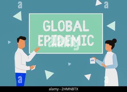 Hand writing sign Global Epidemic. Business showcase a rapid spread of a communicable disease over a wide geographic area Illustration Of Couple Stock Photo