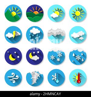 Set of Colorful Weather Report Forecast Round Flat Icons with Long Shadow for Print, Web or Mobile App. Vector Illustration Stock Vector