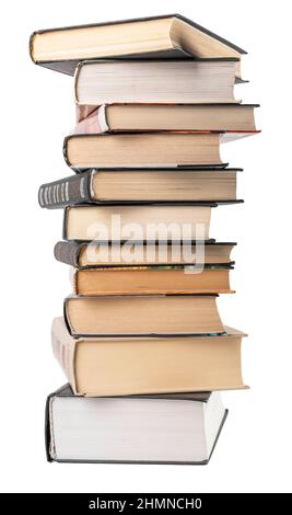 High books stack isolated on white background. Education and reading hobby concept. Big books tower. High quality photo Stock Photo
