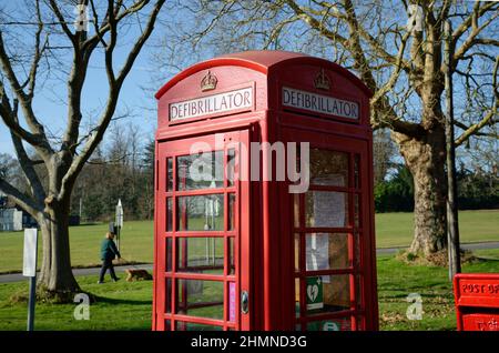 A red telephone box that has been converted to house a Defibrillator. Situated on the village green of Staplefield, West Sussex, UK Stock Photo