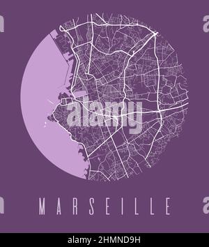 Marseille city map circle poster. Round circular road aerial view, street map vector illustration. Cityscape area panorama with water. Stock Vector