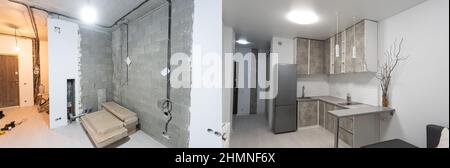 Comparison of a room in an apartment before and after renovation new house Stock Photo