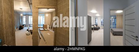 Comparison of a room in an apartment before and after renovation new house Stock Photo