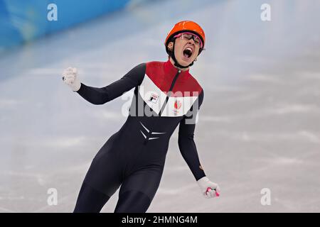 Beijing, China. 11th Feb, 2022. Suzanne Schulting of Netherlands, as she wins gold in the Women's 1000m Short Track Speed Skating final in the Capital Indoor Stadium at the Beijing 2022 Winter Olympics on Friday, February 11, 2022. Suzanne Schulting, of Netherlands, won the gold medal, Minjeong Choi, of South Korea, the silver medal and Hanne Desmet of Belgium, the bronze medal. Photo by Richard Ellis/UPI Credit: UPI/Alamy Live News Stock Photo