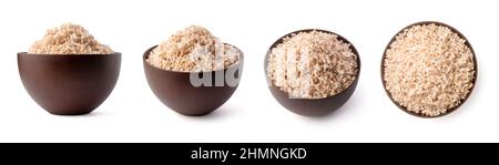 bowl of cooked whole grain brown rice in different angles, isolated on white background, collection Stock Photo