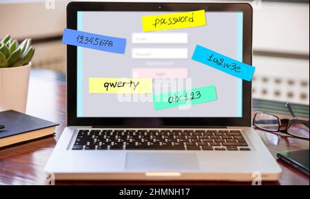 Password weak, bad cyber security. Laptop screen with memo sticks. Password management, strong and secure protection Stock Photo