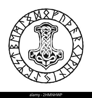 Mjolnir - Thors hammer, drawing in celtic knot design, and Norse runes circle, isolated on white, vector illustration. Viking style, design template Stock Vector