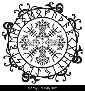 Mjolnir Thors hammer, drawing in celtic knot design. Norse runes circle, isolated vector illustration. Viking style, design template for print. Stock Vector