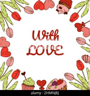 Valentines day greeting card with hand drawn elements. Vector illustration Stock Vector