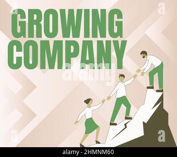 Conceptual caption Growing Company. Word Written on generates significant positive cash flows or earnings Colleagues Climbing Upwards Mountain Stock Photo