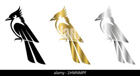 Three color black gold and silver Vector illustration on a white background of a small beautiful bird Stock Vector