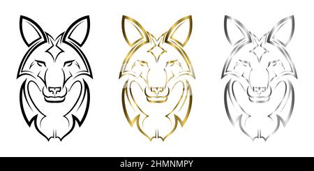 Three color black gold and silver line art of fox head. Good use for symbol, mascot, icon, avatar, tattoo,T-Shirt design, logo or any design. Stock Vector