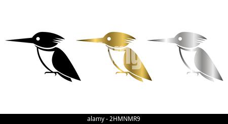 Three color black gold and silver line art Vector illustration on a white background of a Kingfisher bird Suitable for making logo Stock Vector