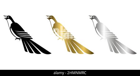 Three color black gold and silver Vector illustration on a white background of a magpie Stock Vector