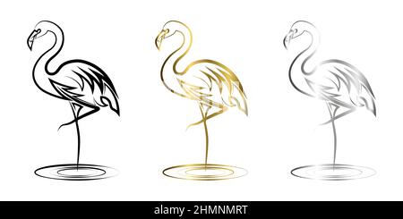 Line art vector illustration of flamingo. It is standing with one leg. Stock Vector