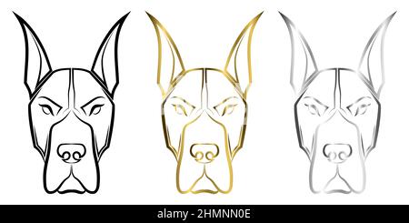 Three color black gold and silver line art of Great Dane dog head Good use for symbol mascot icon avatar tattoo T Shirt design logo or any design Stock Vector