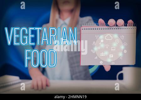 Hand writing sign Vegetarian Food. Conceptual photo Vegetarian Food Lady Pressing Screen Of Mobile Phone Showing The Futuristic Technology Stock Photo